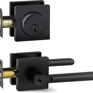 Berlin Modisch Entry Door Handle & Deadbolt Lock Set Slim Square Iron Black